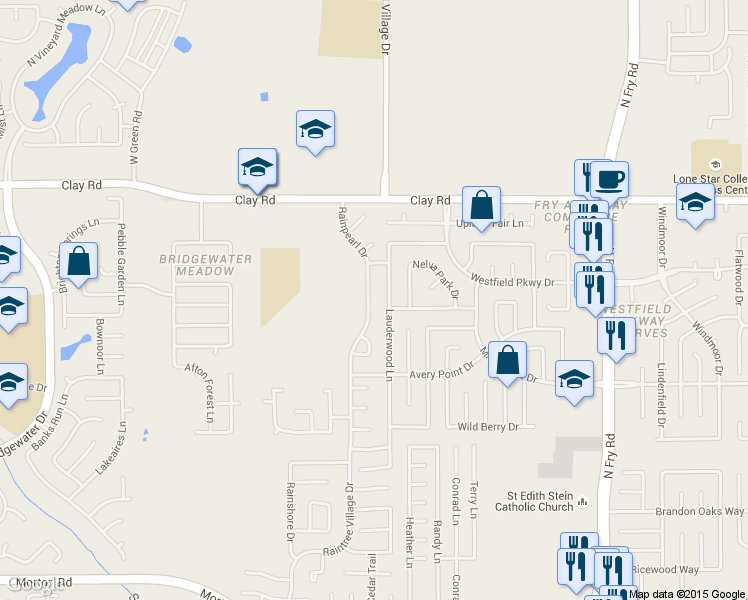 map of restaurants, bars, coffee shops, grocery stores, and more near 3810 Raintree Village Drive in Katy