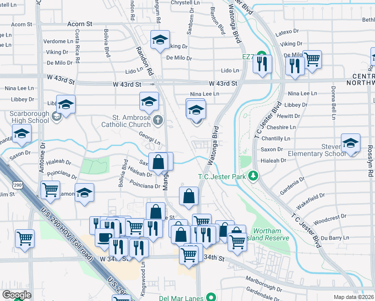 map of restaurants, bars, coffee shops, grocery stores, and more near 4802 Chantilly Lane in Houston