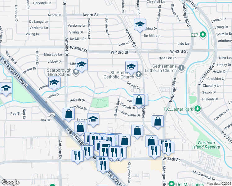 map of restaurants, bars, coffee shops, grocery stores, and more near 5110 Saxon Drive in Houston