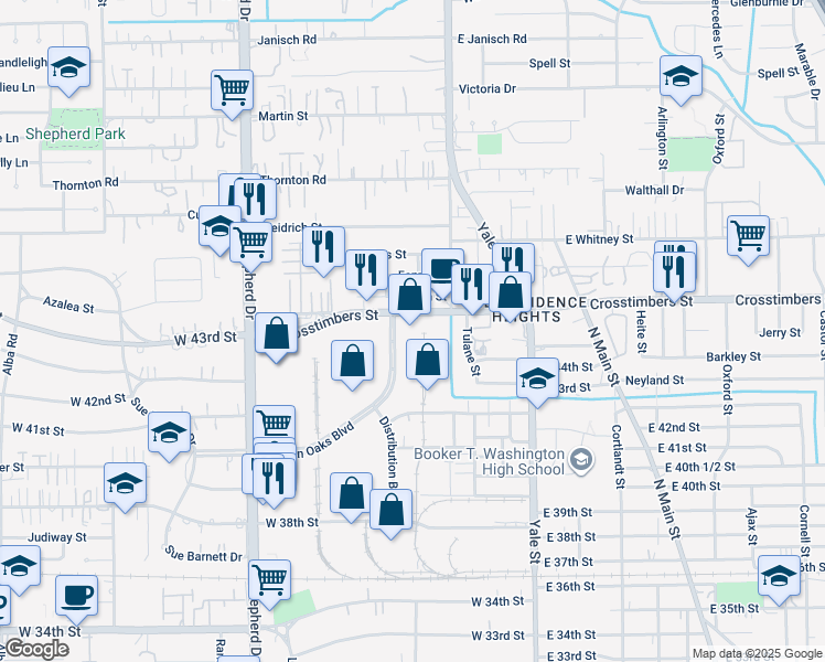 map of restaurants, bars, coffee shops, grocery stores, and more near 301 Garden Oaks Boulevard in Houston