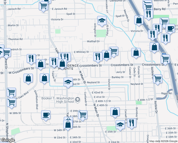 map of restaurants, bars, coffee shops, grocery stores, and more near 4319 Heite Street in Houston