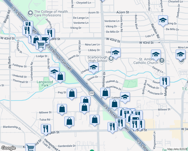 map of restaurants, bars, coffee shops, grocery stores, and more near 5602 Saxon Drive in Houston