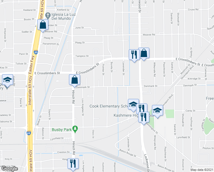 map of restaurants, bars, coffee shops, grocery stores, and more near 4447 Denmark Street in Houston