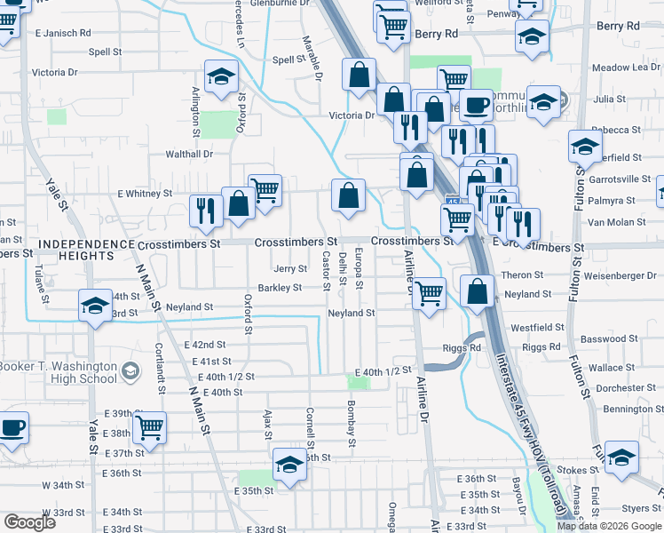map of restaurants, bars, coffee shops, grocery stores, and more near 4304 Castor Street in Houston