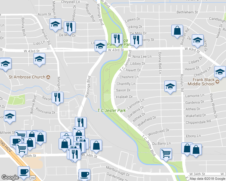 map of restaurants, bars, coffee shops, grocery stores, and more near T C Jester Blvd & Saxon Dr in Houston