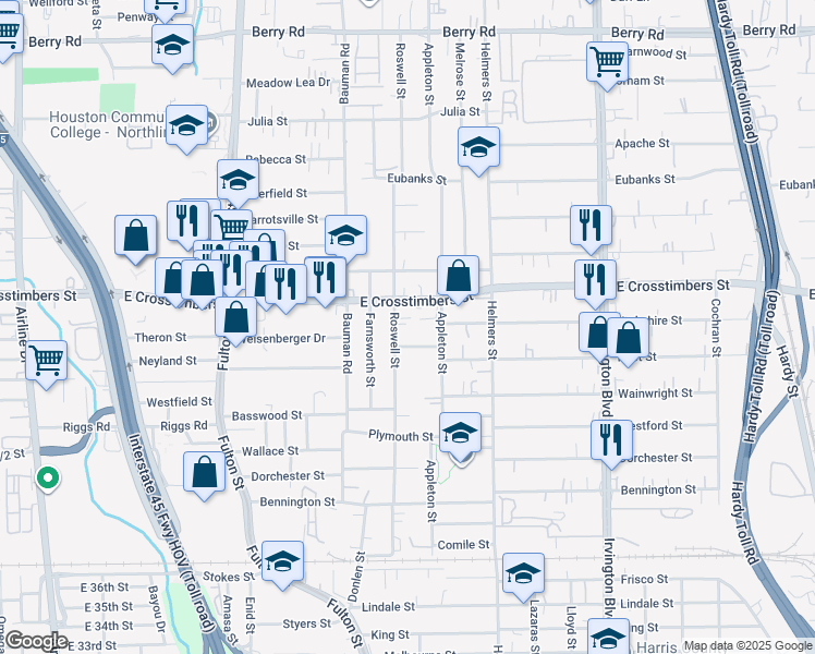 map of restaurants, bars, coffee shops, grocery stores, and more near 7321 Appleton Street in Houston