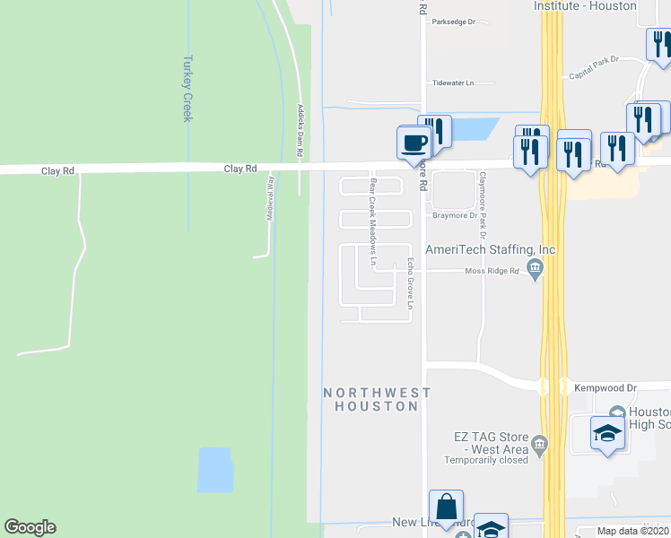 map of restaurants, bars, coffee shops, grocery stores, and more near 3807 Mountain Rose Lane in Houston