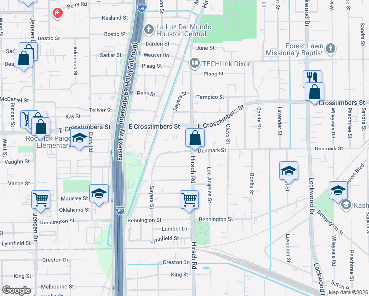 map of restaurants, bars, coffee shops, grocery stores, and more near 4119 Denmark Street in Houston