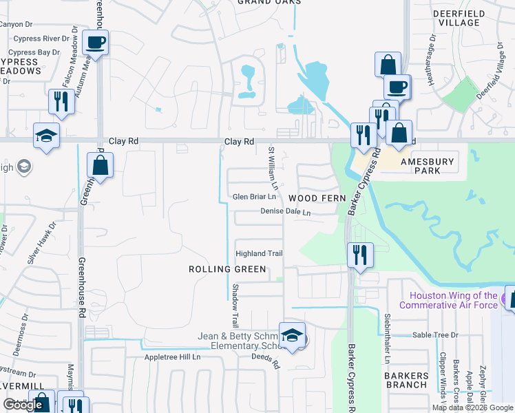 map of restaurants, bars, coffee shops, grocery stores, and more near 18730 Denise Dale Lane in Houston