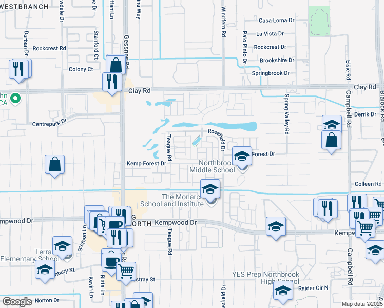 map of restaurants, bars, coffee shops, grocery stores, and more near 3108 Planters Peak Drive in Houston
