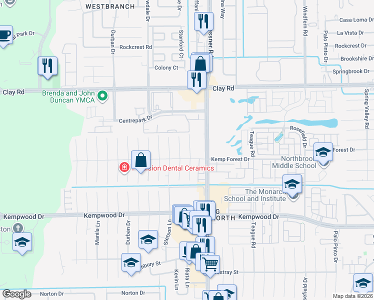 map of restaurants, bars, coffee shops, grocery stores, and more near 3011 Riata Lane in Houston