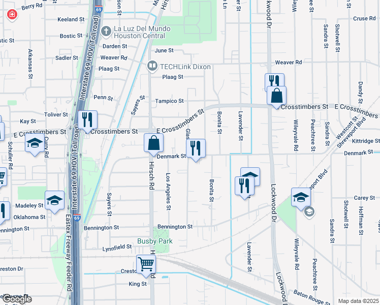 map of restaurants, bars, coffee shops, grocery stores, and more near 4419 Denmark Street in Houston