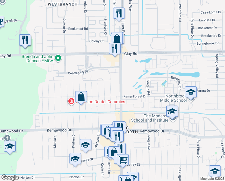 map of restaurants, bars, coffee shops, grocery stores, and more near 3011 Riata Lane in Houston