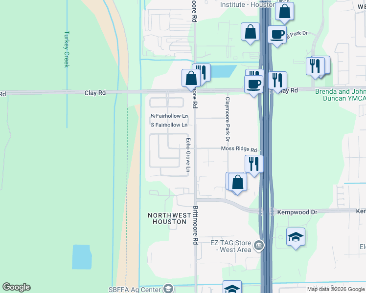 map of restaurants, bars, coffee shops, grocery stores, and more near 3802 Mesa Ridge Road in Houston