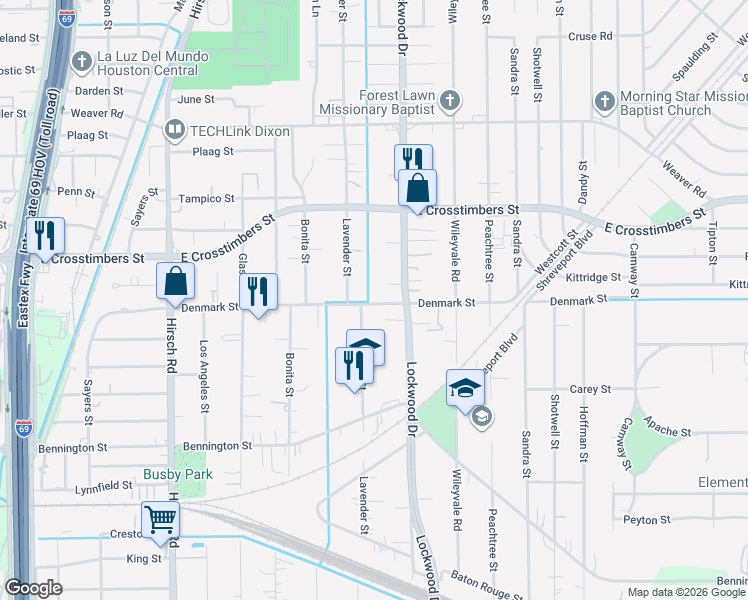 map of restaurants, bars, coffee shops, grocery stores, and more near 4723 Denmark Street in Houston