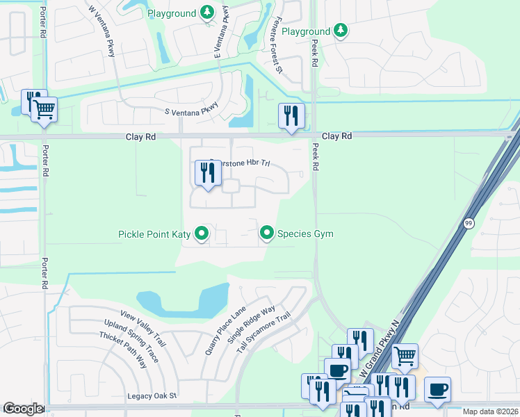 map of restaurants, bars, coffee shops, grocery stores, and more near 3702 Logandale Ridge Lane in Katy