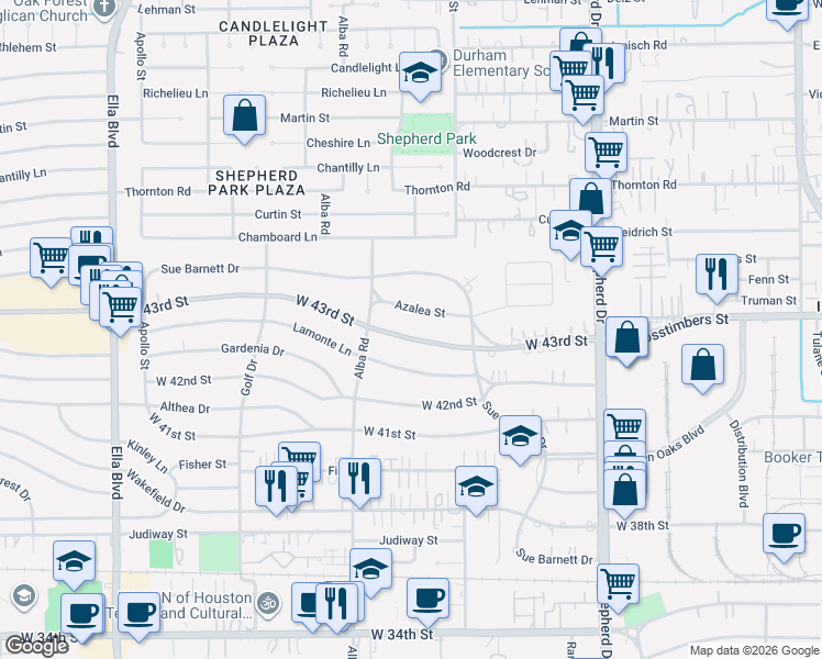 map of restaurants, bars, coffee shops, grocery stores, and more near 838 West 43rd Street in Houston