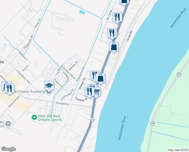 map of restaurants, bars, coffee shops, grocery stores, and more near 107 Ballay Drive in Belle Chasse