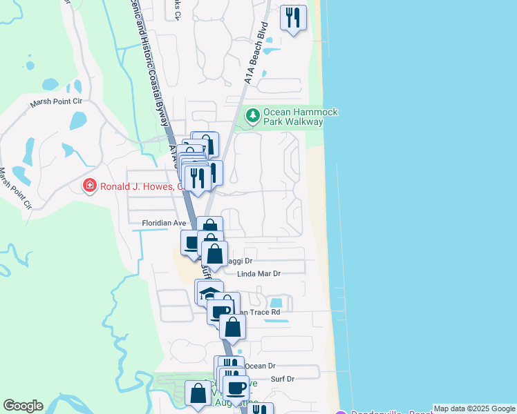 map of restaurants, bars, coffee shops, grocery stores, and more near 309 South Forest Dune Drive in St. Augustine