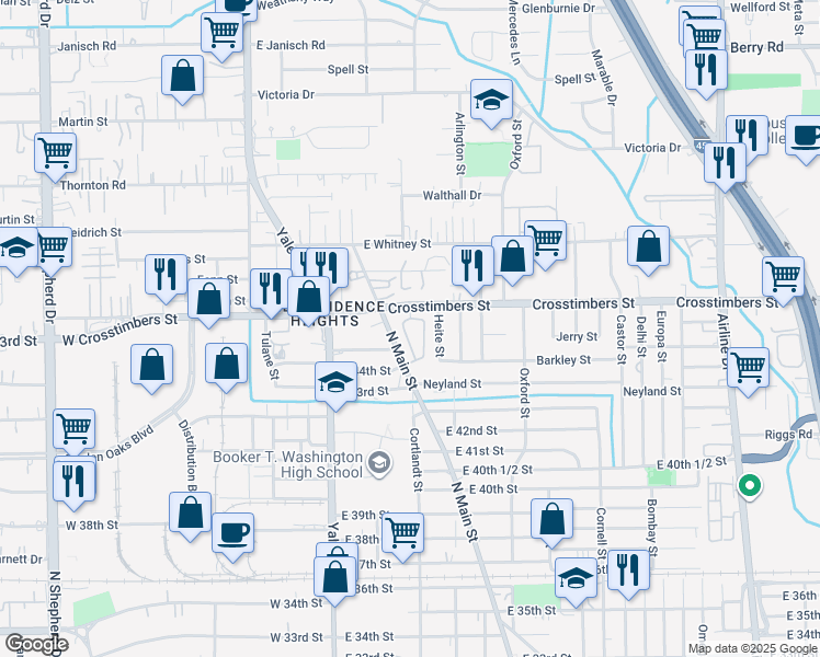 map of restaurants, bars, coffee shops, grocery stores, and more near 302 Crosstimbers Street in Houston