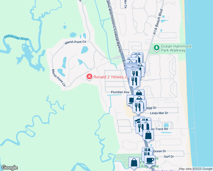 map of restaurants, bars, coffee shops, grocery stores, and more near 3756 Flamingo Street in St. Augustine