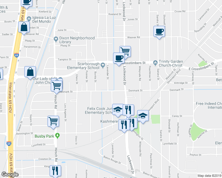 map of restaurants, bars, coffee shops, grocery stores, and more near 7414 Lavender Street in Houston