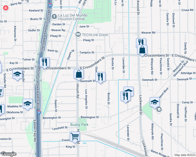map of restaurants, bars, coffee shops, grocery stores, and more near 4419 Denmark Street in Houston