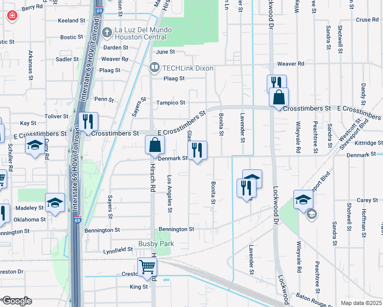 map of restaurants, bars, coffee shops, grocery stores, and more near 4401 Denmark Street in Houston