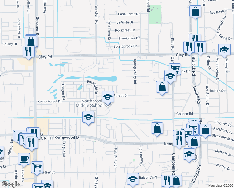 map of restaurants, bars, coffee shops, grocery stores, and more near 9735 Kemp Forest Drive in Houston