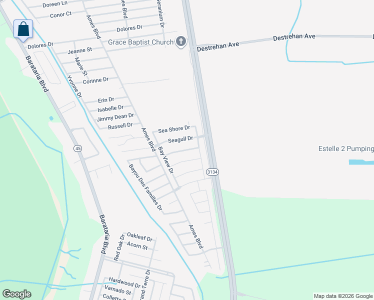 map of restaurants, bars, coffee shops, grocery stores, and more near 2625 Sand Bar Lane in Marrero