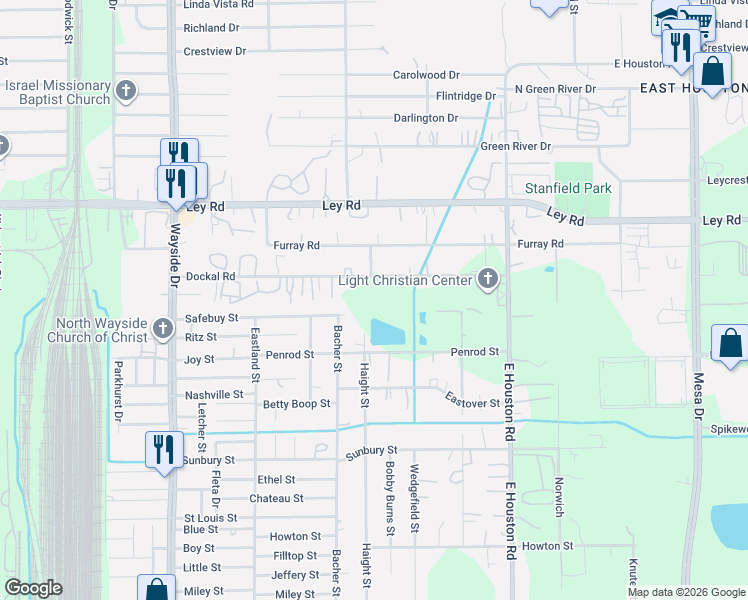 map of restaurants, bars, coffee shops, grocery stores, and more near 6999 Haight Street in Houston