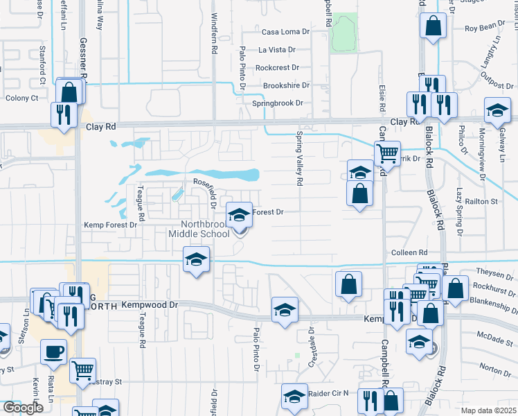 map of restaurants, bars, coffee shops, grocery stores, and more near 9735 Kemp Forest Drive in Houston