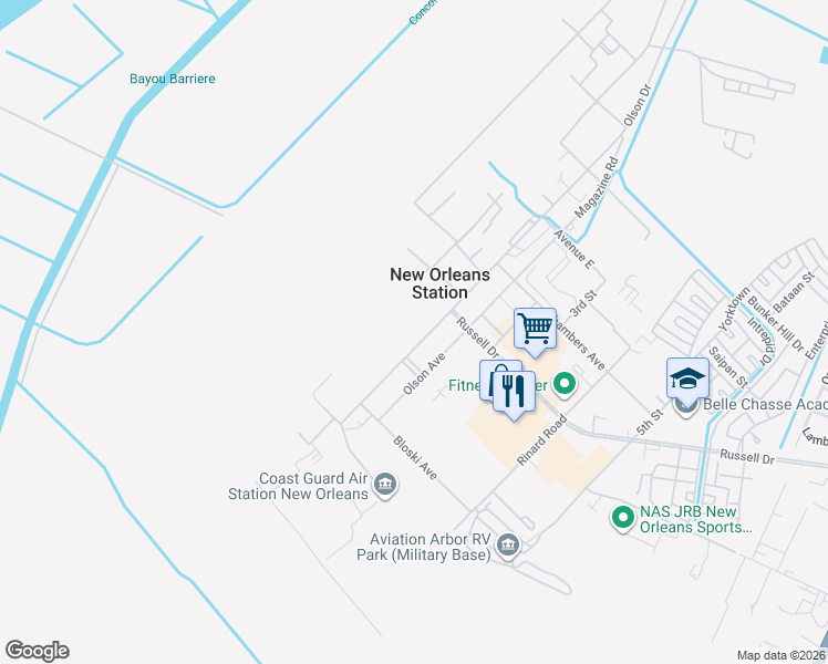 map of restaurants, bars, coffee shops, grocery stores, and more near 400 Russell Drive in New Orleans