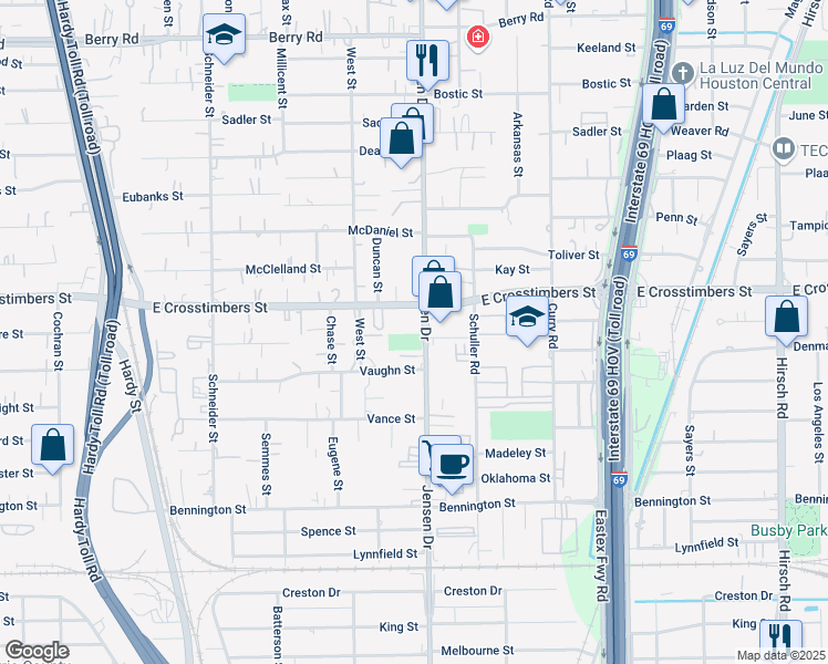 map of restaurants, bars, coffee shops, grocery stores, and more near 7515 Jensen Drive in Houston