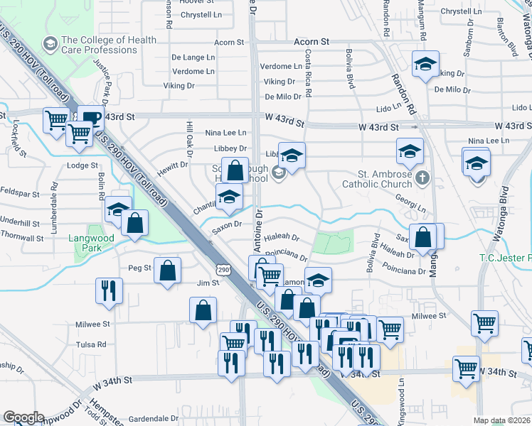 map of restaurants, bars, coffee shops, grocery stores, and more near 5418 Saxon Drive in Houston