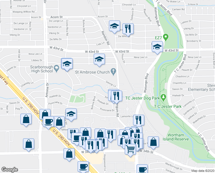 map of restaurants, bars, coffee shops, grocery stores, and more near 5005 Georgi Lane in Houston