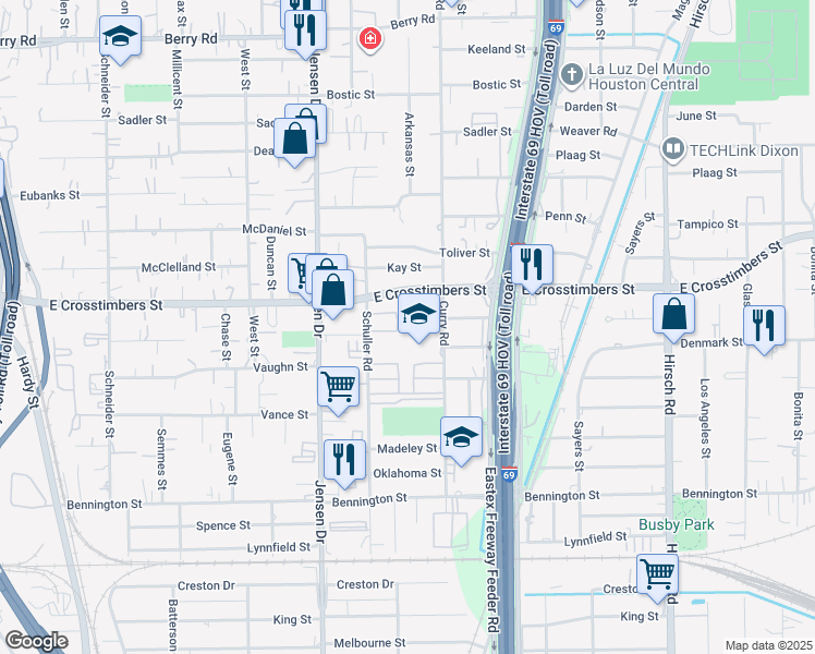 map of restaurants, bars, coffee shops, grocery stores, and more near 7601 Curry Road in Houston