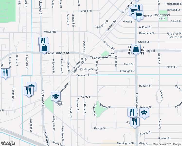 map of restaurants, bars, coffee shops, grocery stores, and more near 5611 Denmark Street in Houston