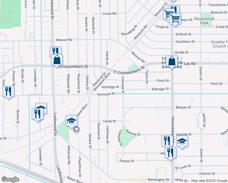 map of restaurants, bars, coffee shops, grocery stores, and more near 5611 Denmark Street in Houston