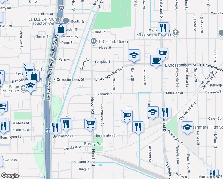map of restaurants, bars, coffee shops, grocery stores, and more near 4325 Denmark Street in Houston