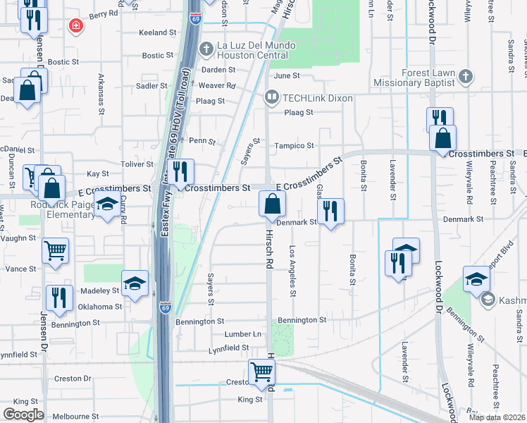 map of restaurants, bars, coffee shops, grocery stores, and more near 4119 Denmark Street in Houston