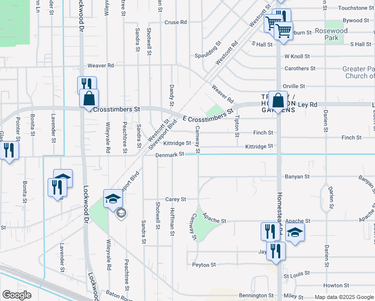 map of restaurants, bars, coffee shops, grocery stores, and more near 5611 Denmark Street in Houston