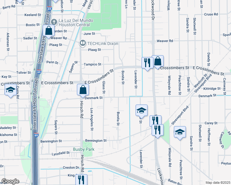 map of restaurants, bars, coffee shops, grocery stores, and more near 4447 Denmark Street in Houston