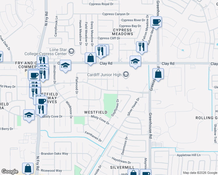 map of restaurants, bars, coffee shops, grocery stores, and more near 19211 Westfield Parkway in Katy