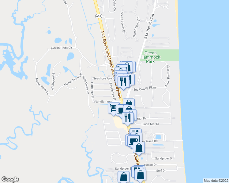map of restaurants, bars, coffee shops, grocery stores, and more near 295 Sunset Drive in Saint Augustine