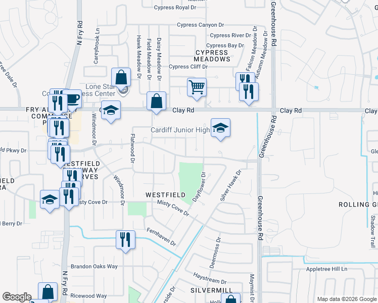 map of restaurants, bars, coffee shops, grocery stores, and more near 19211 Westfield Parkway in Katy