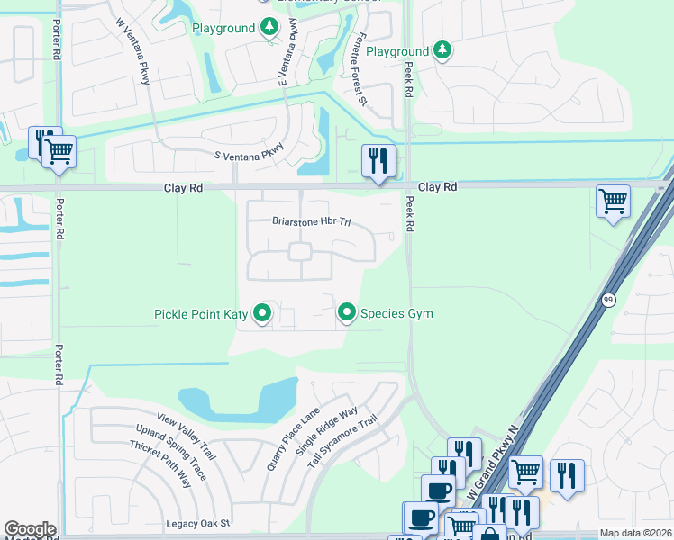 map of restaurants, bars, coffee shops, grocery stores, and more near 3702 Logandale Ridge Lane in Katy