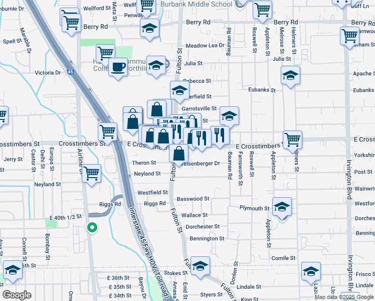 map of restaurants, bars, coffee shops, grocery stores, and more near 121 Weisenberger Drive in Houston