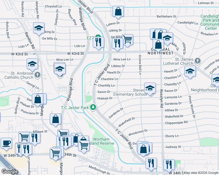 map of restaurants, bars, coffee shops, grocery stores, and more near 2227 Saxon Drive in Houston