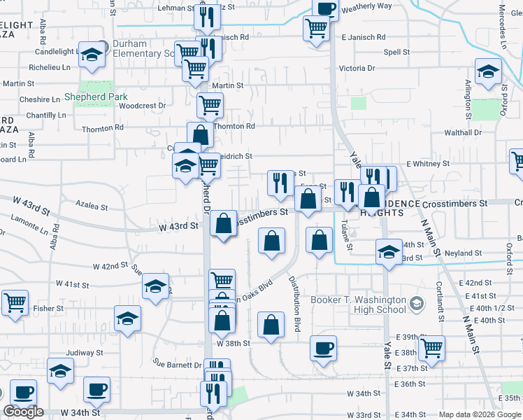 map of restaurants, bars, coffee shops, grocery stores, and more near 502 West Crosstimbers Street in Houston